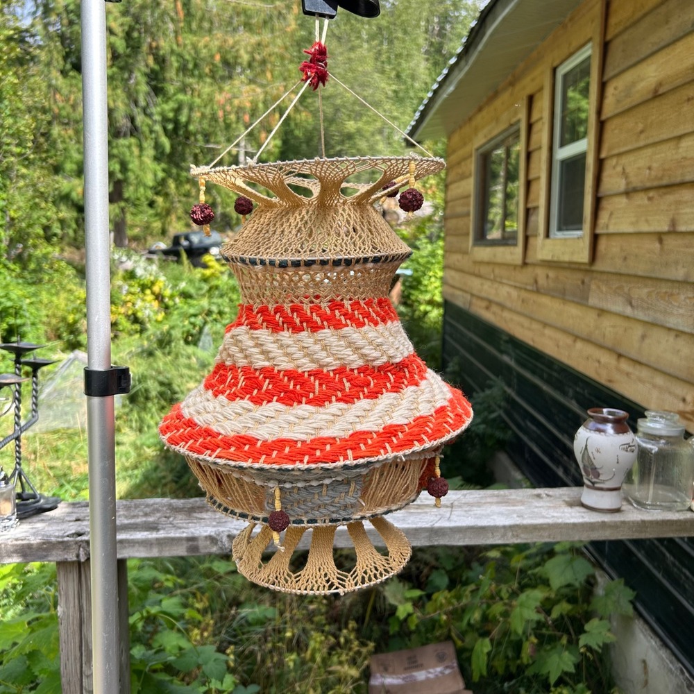 Vintage Macrame Hanging Lamp Shade Medium Orange Cream Retro 70s Boho MCM